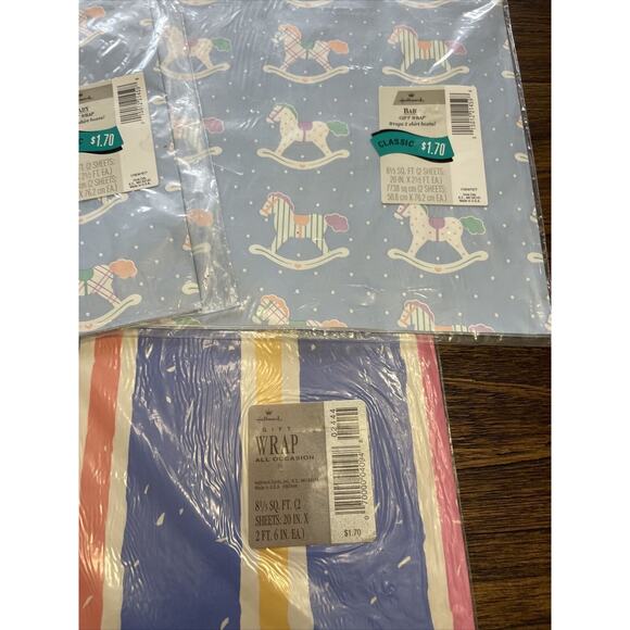 Vintage Hallmark Wrapping Paper Lot Of 3 Baby Rocking Horse & Stripes - Picture 2 of 4